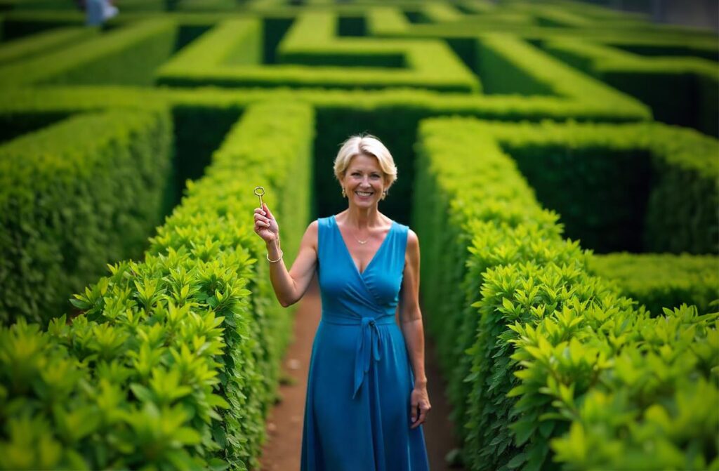 Lady wearing blue dress holding a key within a leafy green maze