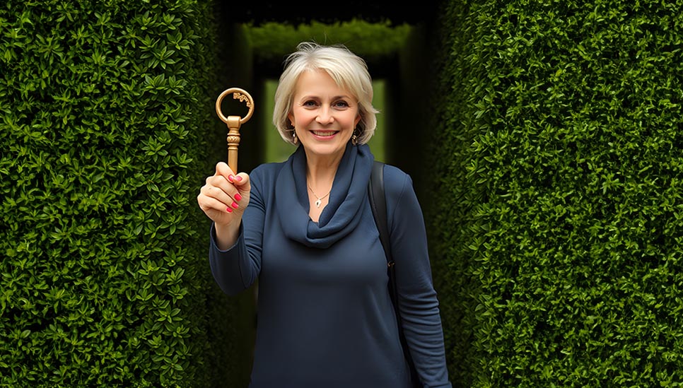 Lady with key in green hedge maze